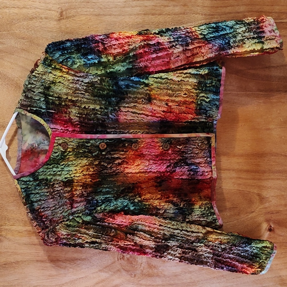 Vintage Handmade Tie-Dye Blazer Ruffled Boxy Button-Up Boho OOAK Art-To-Wear Lrg